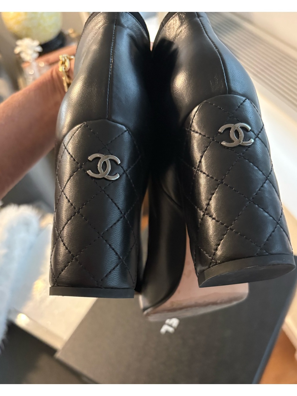 CHANEL Black Lambskin Quilted CC Heel Ankle Boots Size 40